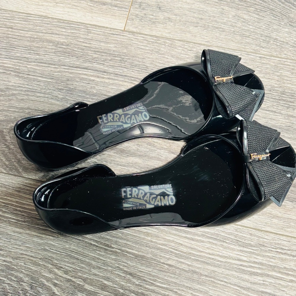 Salvatore Ferragamo Black Barbado Bow Peep Toe‎ Jelly Flats Size 8 - Picture 10 of 11